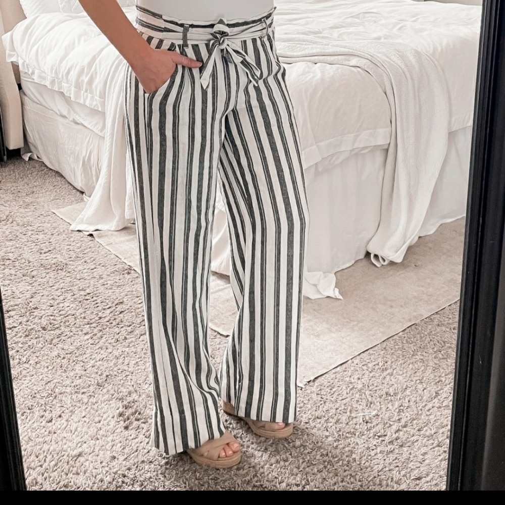 Jolt Linen Wide Leg Pants Stripes Black White Tie Waist